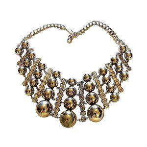 SOLD - 60s-70s Spheres & Bars Bib Necklace Silver Tone Round Orb Beads Collar